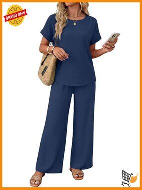 Summer Loungewear 2 Piece Set Short Sleeve Pull On Pant Set